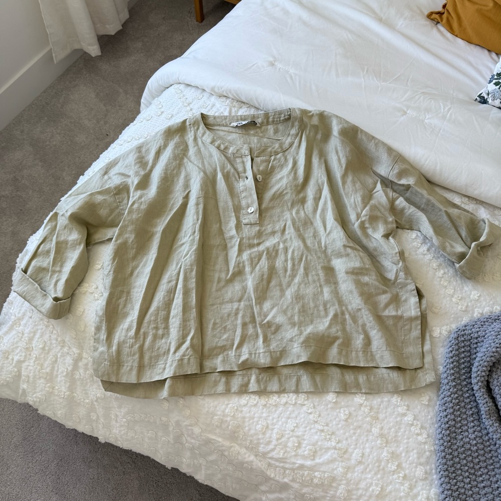 Zara Light Sage Green Linen Button Henley Blouse